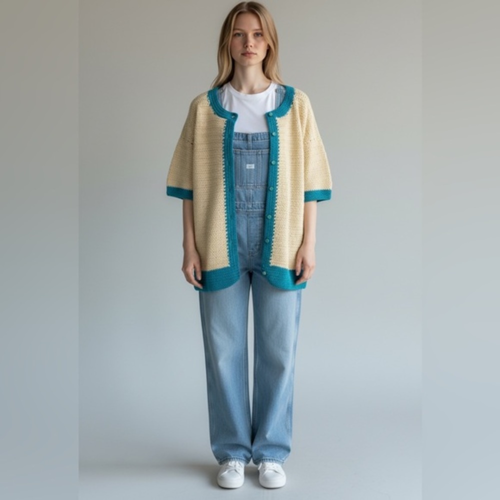 Vintage Handmade Cream and Blue Knit Cardigan Size Large